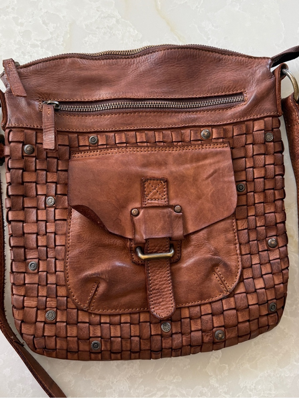 Woven Leather Crossbody Bag with Front Flap in Chestnut Brown
